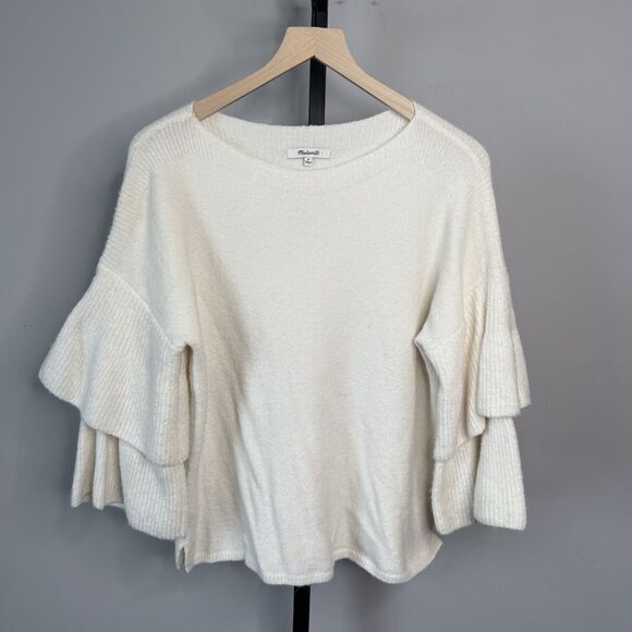 Madewell Tier Sleeve Ivory Wool Pullover Sweater in Cozy Yarn Size Medium - Picture 1 of 7